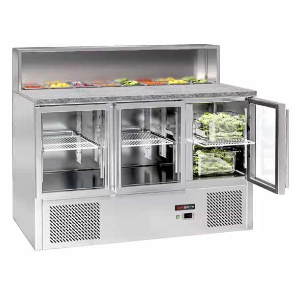 Saladette ECO - 1370mm - 3 glazen deuren - met roestvrijstalen opzetstuk voor 8x GN 1/6