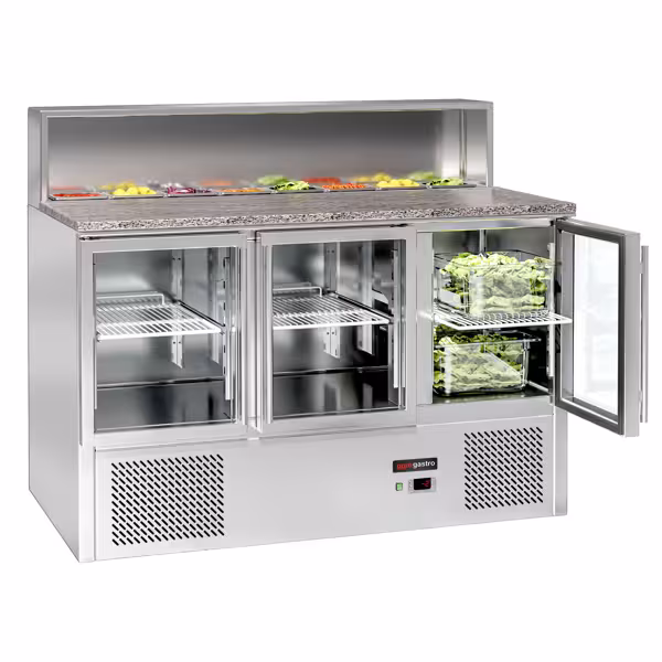 Saladette ECO - 1370mm - 3 portas de vidro - com tampo em aço inoxidável para 8x GN 1/6