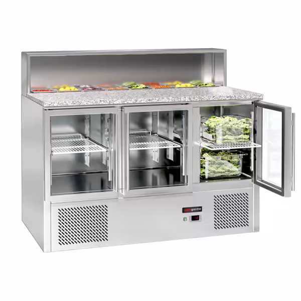 Saladette ECO - 1368mm - 3 glazen deuren - met RVS deksel voor 7x GN 1/6 - granieten werkblad
