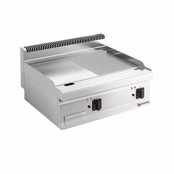 Plancha électrique - plaque acier - 2 zones - 7,10 kW - 1/2 lisse, 1/2 rainurée - Surface de cuisson : 800x700mm