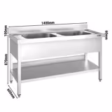 Stainless Steel Commercial Sink Unit PREMIUM - 1400x600mm - with Double Bowl Centre - with Undershelf - with Upstand
