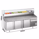 Pizzakühltisch Premium PLUS - 2305x800mm - mit 3 Türen & 1 Schublade - inkl. Kühlaufsatzvitrine - 10x GN 1/3