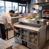 Commercial Pizza Prep Counter - Granite Top PREMIUM - 1400x700mm - with 3 glass doors - incl. refrigerated topping unit - 6x GN 1/4