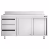 Nerezová pracovní skříňka PREMIUM - 1600x700 mm - s posuvnými dveřmi se 3 zásuvkami vlevo - se zadním lemem