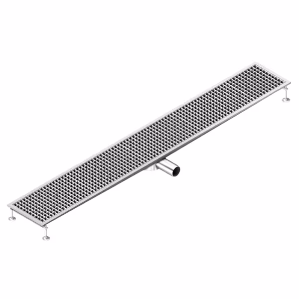 Edelstahl Bodenablauf - 2100x300mm - flache Ausführung & seitlicher Ablauf - Ø 70mm