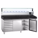 Pizzakühltisch PREMIUM - 2000x800mm - mit 2 Türen & 7 Schubladen - inkl. Kühlaufsatzvitrine LED - 9x GN 1/3