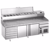 Table réfrigérée à pizza Premium PLUS - 2305x800 mm - avec 2 portes & 7 tiroirs - incl. vitrine réfrigérée pour ingrédients - 11 bacs GN 1/4