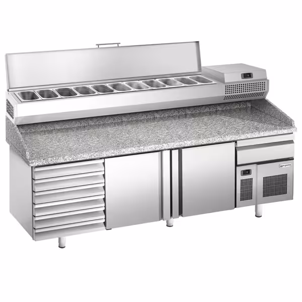 Pizzakühltisch Premium PLUS - 2305x800mm - mit 2 Türen & 7 Schubladen - inkl. Kühlaufsatzvitrine - 11x GN 1/4