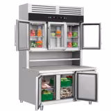 Mostrador refrigerado con estante de refrigeración de pared - 1350x800mm - vitrina expositora con 3 puertas de cristal (superior) - 3 puertas inferiores - GN 1/1 y GN 2/3 - doble acristalamiento