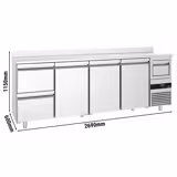 Arrière-bar réfrigéré professionnel PREMIUM - 2690 x 600 mm - avec 3 portes et 2 tiroirs - avec dosseret - avec tiroir à marc de café