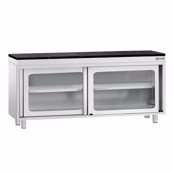 Roestvrijstalen werkkast PREMIUM - 1800 x 700 mm - met glazen schuifdeur - incl. granieten werkblad