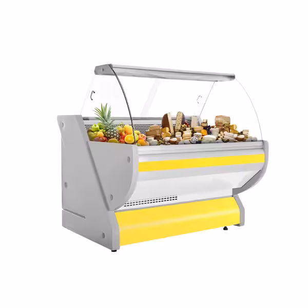 Vitrină frigorifică pentru carne / Vitrină frigorifică orizontală ECO Tuva - 1325x1150 mm - 260 L - culoare galben - geam frontal curbat - blat de granit