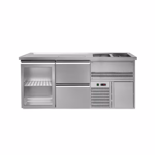 Frigider  pentru bere 1,95 x 0,7 m - cu 1 ușă din sticlă şi 2 sertare 1/2 + 1/2