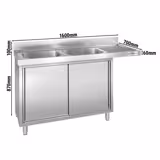 Plonge inox professionnelle PREMIUM - 1600x700mm - 2 bac(s) à gauche - avec égouttoir à droite - passage lave-vaisselle à droite