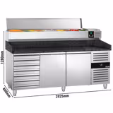Stół chłodniczy do pizzy PREMIUM - 2025x800mm - z blatem granitowym - 2‑drzwiowy, 7 szuflad - z nadstawką chłodniczą - 10x GN 1/4
