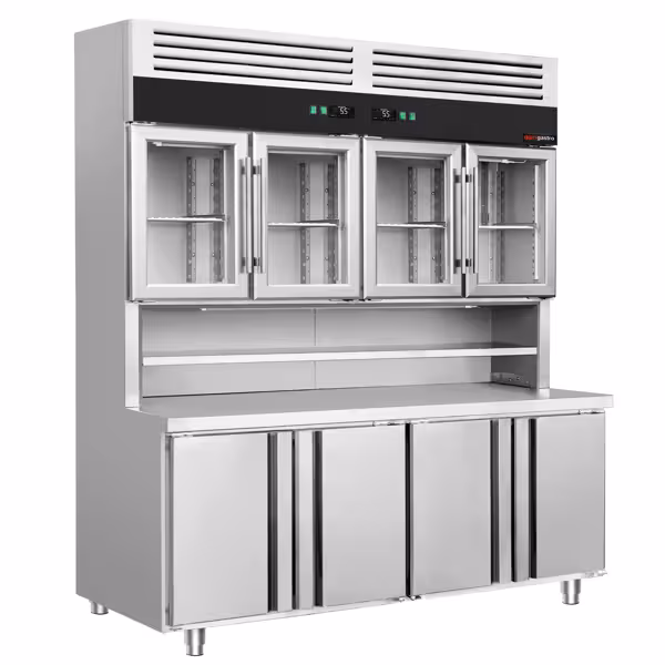 Combinazione frigo-congelatore con refrigerazione superiore e inferiore - 1800 mm - 4 porte in vetro nella parte superiore, 4 porte nella parte inferiore e piano di lavoro