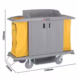 Carrello di servizio - chiuso - 3 ripiani a vassoio con bordo, 6 scomparti amenities, 2 sacchi biancheria, ruote 2 con freno, vano con serratura