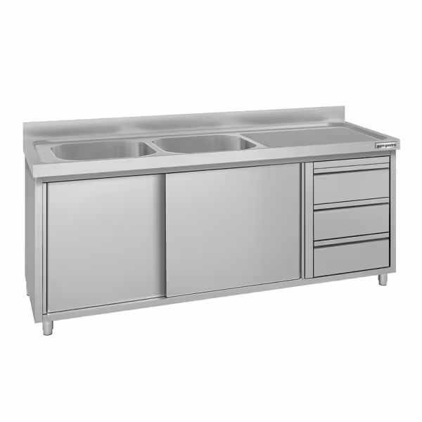 Nerezový dřezový stůl s posuvnými dveřmi - 2000x700mm - se 3 zásuvkami a 2 umyvadly vlevo