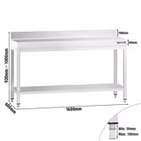 Table de travail en inox PREMIUM – 1600x600 mm – avec tablette inférieure et dosseret