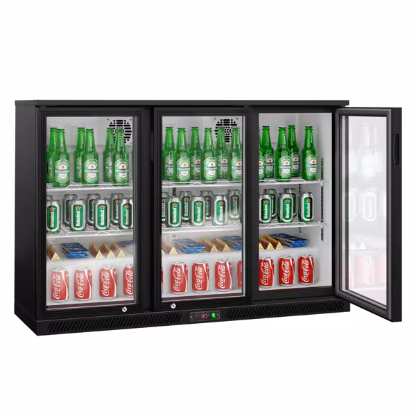 Commercial Back Bar Cooler - 1350mm - 320L - with 3 glass hinged doors - Black