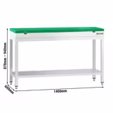 Mesa de trabalho em aço inoxidável PREMIUM - 1400x600mm - com prateleira inferior & com travessas de reforço - incl. Tábua de corte Verde