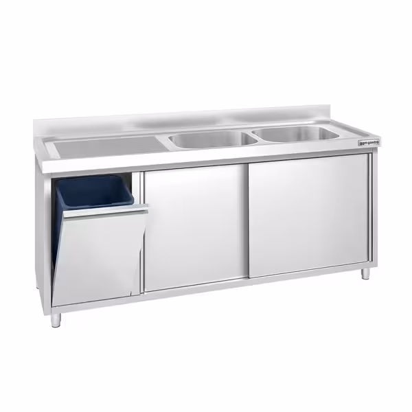 Commercial Sink Cabinet PREMIUM - 1800x600mm - with waste bin & 2 bowls right-hand
