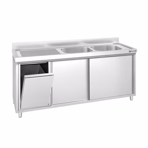 Стіл‑тумба з мийкою PREMIUM - з нержавіючої сталі AISI 304 - 1800x600 мм - з AIR-WOLF - відром для сміття - 2‑секційна справа
