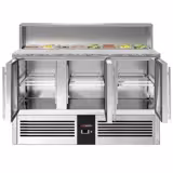Saladette réfrigérée PREMIUM - 1368mm - 402L - façade noire - 3 portes vitrées - avec découpe pour 7x GN 1/6 & Couvercle inox - plan de travail en granit noir