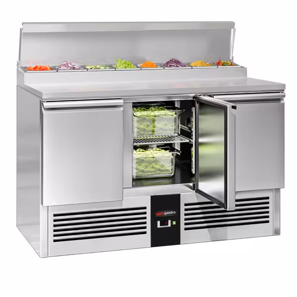 Přípravný chladicí stůl PREMIUM - 1368x700 mm - 3 dveře - pro 8× GN 1/6 - vč. 3 roštů