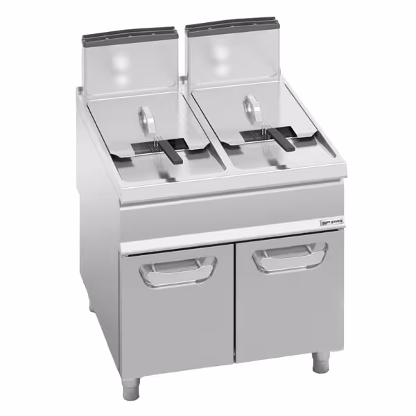 Dubbele gasfriteuse - 20+20 liter - 35 kW - indirect verwarmd - mechanische bediening - met aftapkraan - incl. onderstel