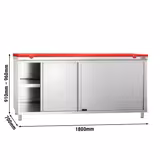 Table armoire en acier inoxydable PREMIUM - 1800x700mm - avec portes coulissantes et étagère basse - incl. plateau de découpe Rouge PEHD (HACCP) - pour viandes crues