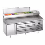 Commercial Pizza Prep Counter - Granite Top PREMIUM PLUS - 1980x700mm - with 1 doors & 6 drawers - incl. refrigerated topping unit - 9x GN 1/4