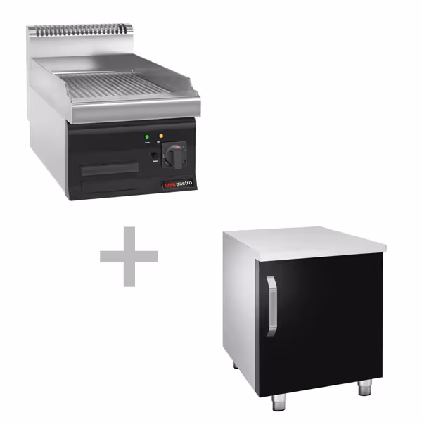 Elektrische bakplaat - 8kW - Geribbeld - Bakoppervlak: 395x535mm - met onderbouw met 1 deur