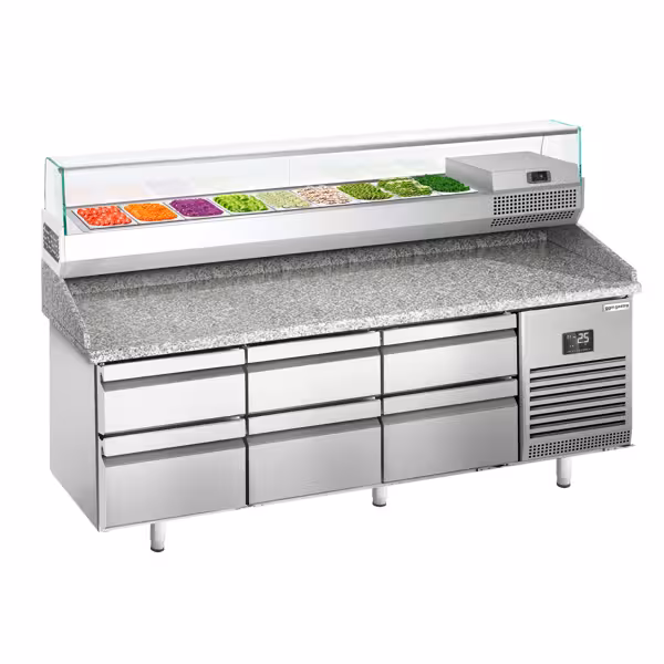 Pizza Hazırlık Buzdolabı PREMIUM PLUS - 1980x700mm - 0 Kapı & 6 çekmece - dahili soğutmalı üst vitrin - 9x GN 1/4
