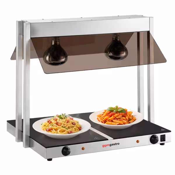 Piastra scaldavivande in acciaio inox con piano in vetroceramica - 1,07kW - con 2 lampade a infrarossi - con copertura parafiato in vetro