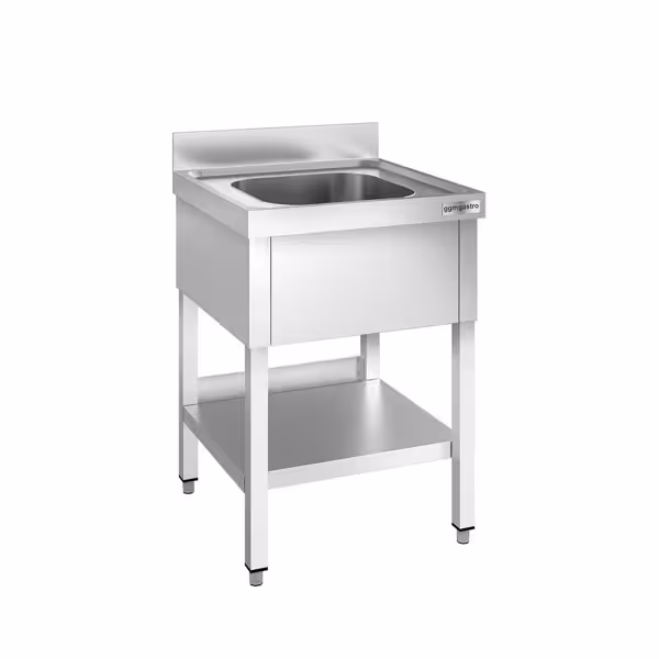 Diskbänk i rostfritt stål PREMIUM - 600x600 mm - med underhylla - 1 ho mitten - med stänkskydd