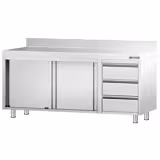 Tavolo armadiato in acciaio inox PREMIUM - 2000x600mm - con 2 porte scorrevoli + 3 cassetti a destra - con alzatina