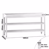 Mesa de trabalho em aço inoxidável PREMIUM - 1800x600mm - com prateleira inferior & com prateleira intermédia & com travessas de reforço