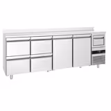 Bar- & Getränkekühltisch PREMIUM - 2690x600mm - mit 2 Türen, 4 Schubladen, Aufkantung & Ausklopfer für Kaffee