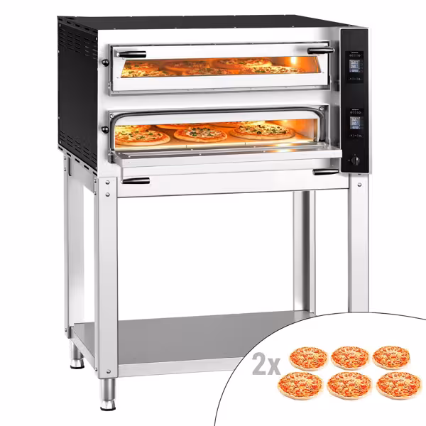 Elektrische pizzaoven (chamotte bakvloer) - 1340x900x1560mm - 2 kamers - 2x6 pizza’s Ø35cm - tot 400°C - Digitaal - incl. onderstel