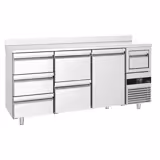 Arrière-bar réfrigéré professionnel PREMIUM - 2130 x 600 mm - avec 1 porte et 5 tiroirs - avec dosseret - avec tiroir à marc de café