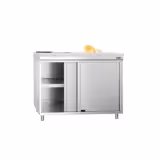 Tavolo armadiato in acciaio inox PREMIUM - 1000x600 mm - con porta scorrevole senza alzatina incl. tagliere bianco