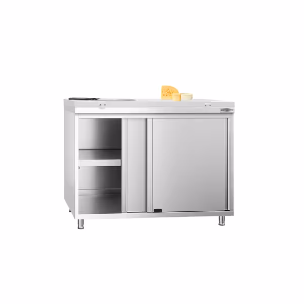 Table armoire en acier inoxydable PREMIUM - 1000x700mm - avec portes coulissantes et étagère basse - pour produits céréaliers, produits laitiers - incl. plateau de découpe Blanc PEHD (HACCP)