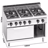 Aragaz pe gaz cu 6 arzatoare (42 kW) + cuptor pe gaz static (7,8 kW)