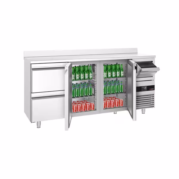 Mesa de refrigeración para bar - 2,13 m - con 2 puertas, 2 cajones 1/2, zócalo y aldabas para café