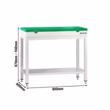 Mesa de trabalho em aço inoxidável PREMIUM - 800x600mm - com prateleira inferior & com travessas de reforço - incl. Tábua de corte Verde