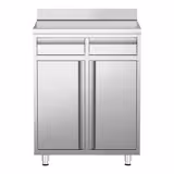 Tavolo armadiato in acciaio inox - 800x600mm - con 2 porte a battente - con alzatina