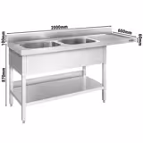 Vaatwasser Spoeltafel - 2000x600mm - met 2 spoelbakken links