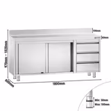 Tavolo armadiato in acciaio inox PREMIUM - 1800x600mm - con 2 porte scorrevoli + 3 cassetti a destra - con alzatina