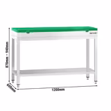 Nerezový pracovní stůl PREMIUM - 1200x600 mm - se spodní policí - vč. zelené krájecí desky